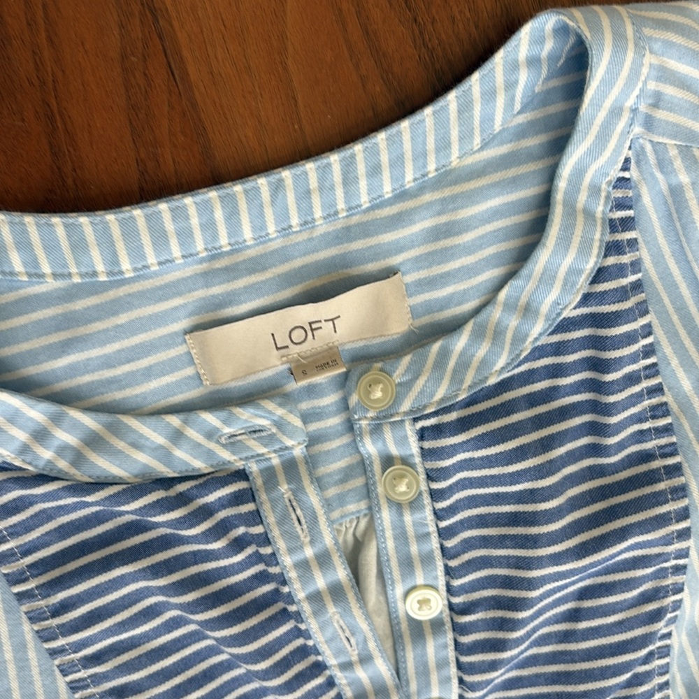 LOFT Striped Henley Shift Dress Sky Blue Size Small - Picture 6 of 8